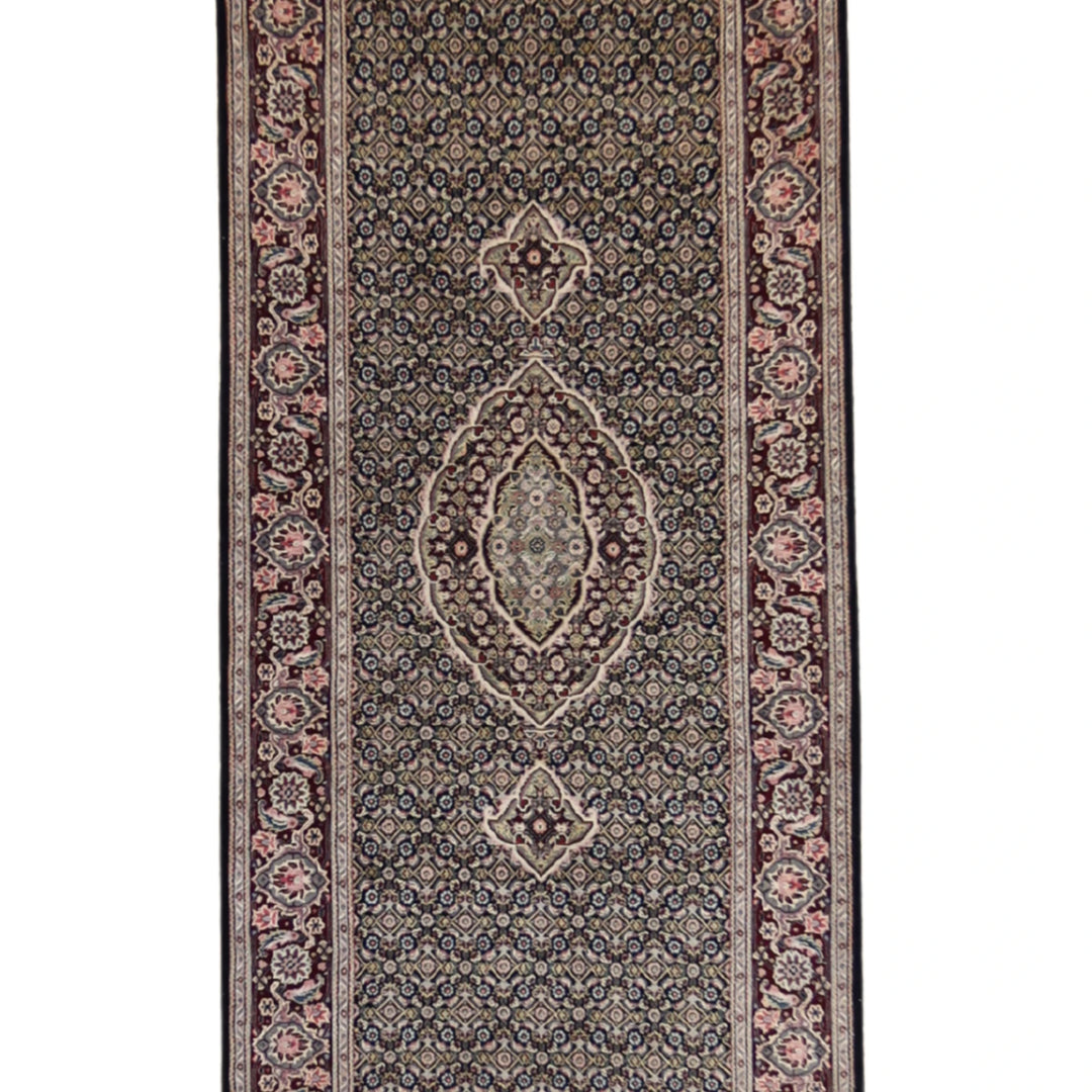2'7" x 12'0" BLACK AND BURGUNDY TABRIZ FISH DESIGN CHINESE RUG