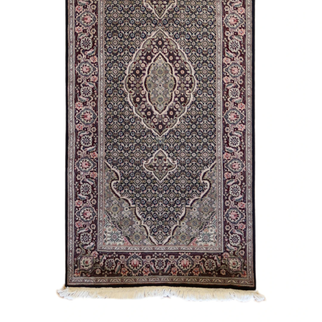2'7" x 12'0" BLACK AND BURGUNDY TABRIZ FISH DESIGN CHINESE RUG