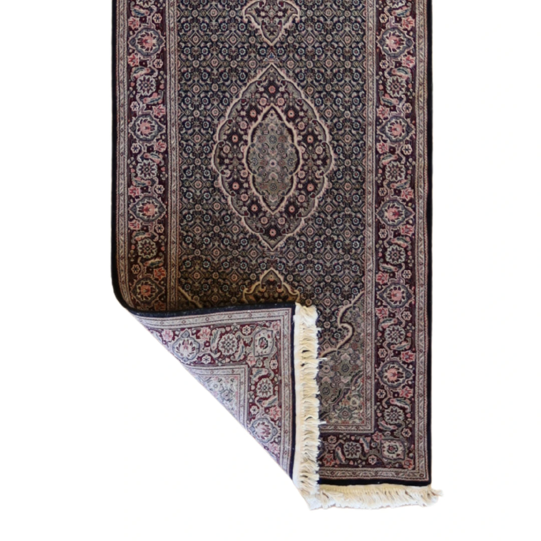 2'7" x 12'0" BLACK AND BURGUNDY TABRIZ FISH DESIGN CHINESE RUG