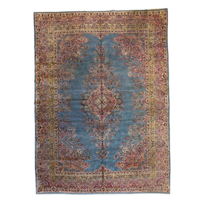 10'0" x 13'10" BLUE AND PINK KERMAN FLORAL PERSIAN RUG