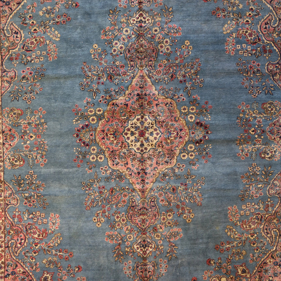10'0" x 13'10" BLUE AND PINK KERMAN FLORAL PERSIAN RUG