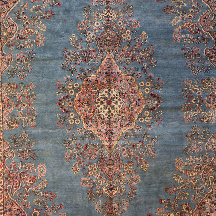 10'0" x 13'10" BLUE AND PINK KERMAN FLORAL PERSIAN RUG