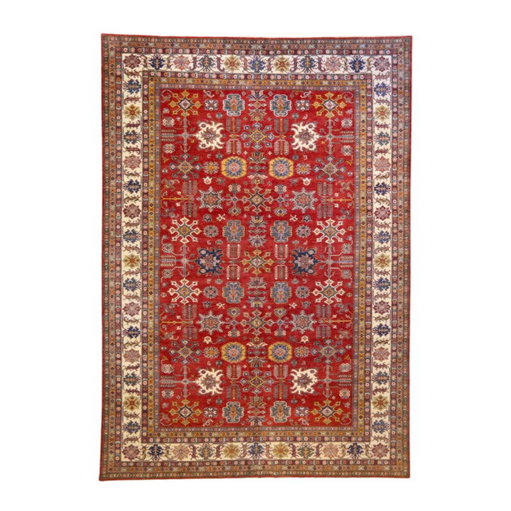 9'  11" x  14'   1" RED AND IVORY KAZAK GEOMETRIC PAKISTANI RUG