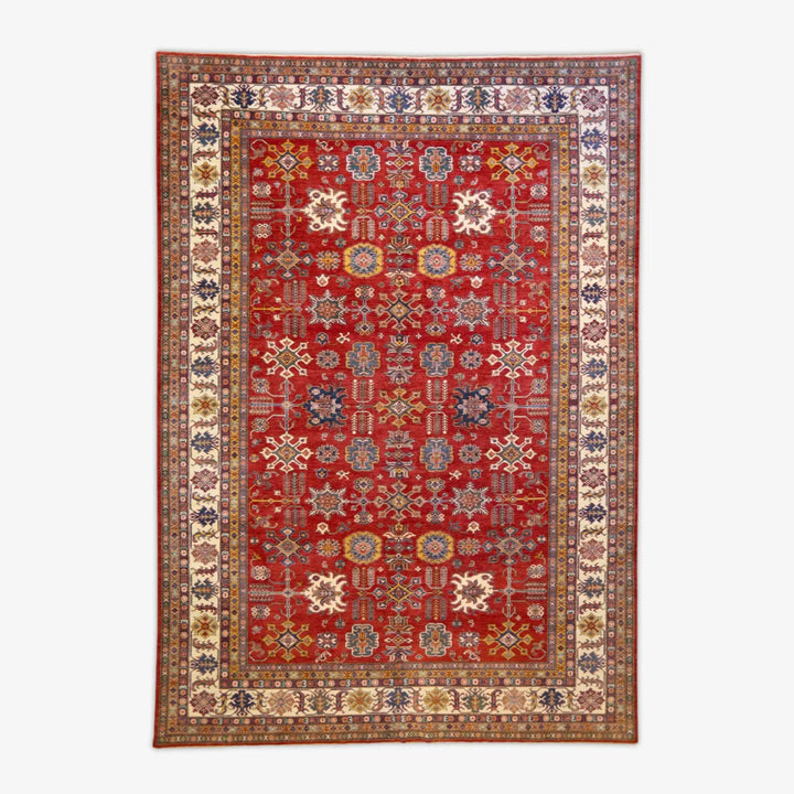 9'11" x 14'1" RED AND IVORY KAZAK PAKISTAN GEOMETRIC