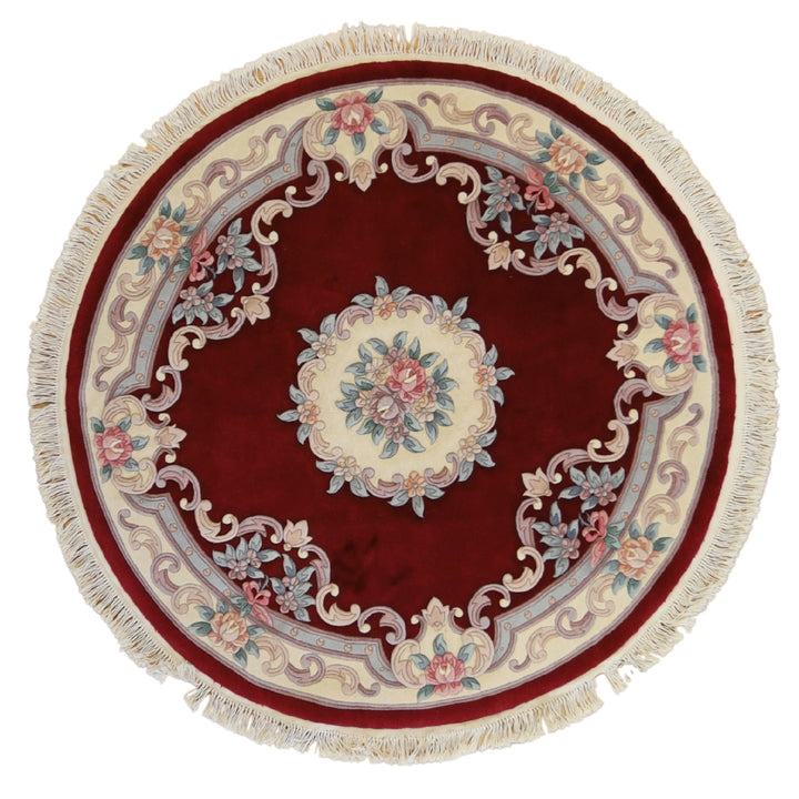 5'6" x 5'6" BURGUNDY AND BEIGE AUBUSSON FRENCH CHINESE RUG