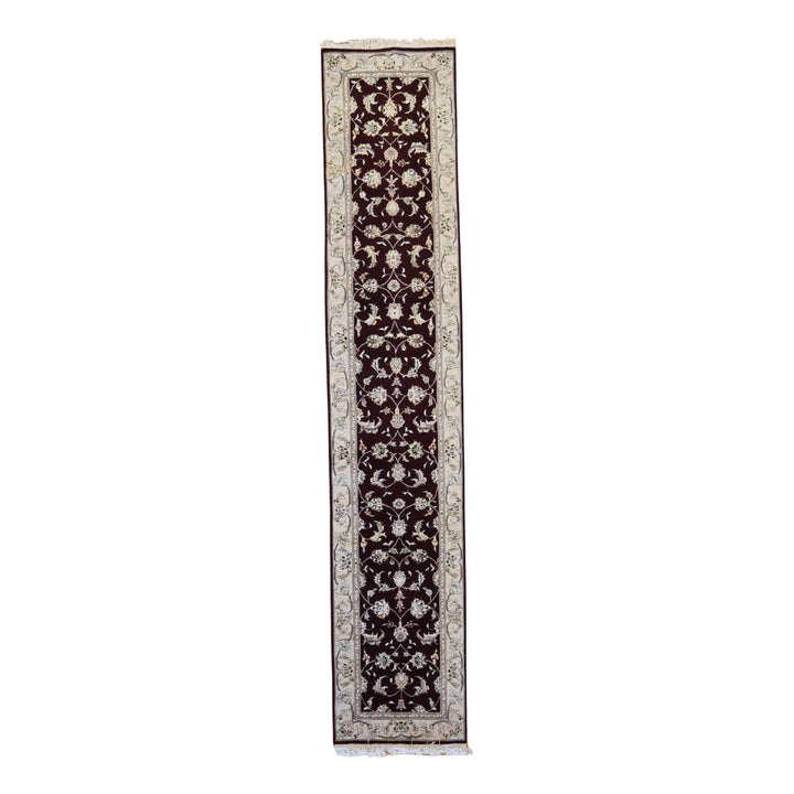 2'3" x 11'8" BURGUNDY AND TAN KASHAN FLORAL CHINESE RUG