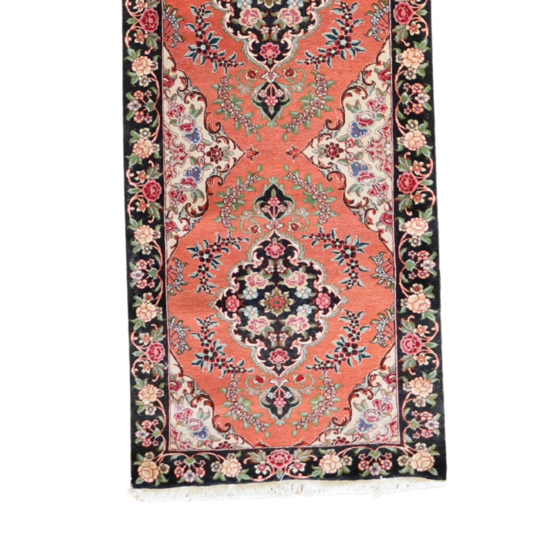 2' 11" x 12' 8" SALMON AND BLACK TABRIZ FLORAL PERSIAN RUG