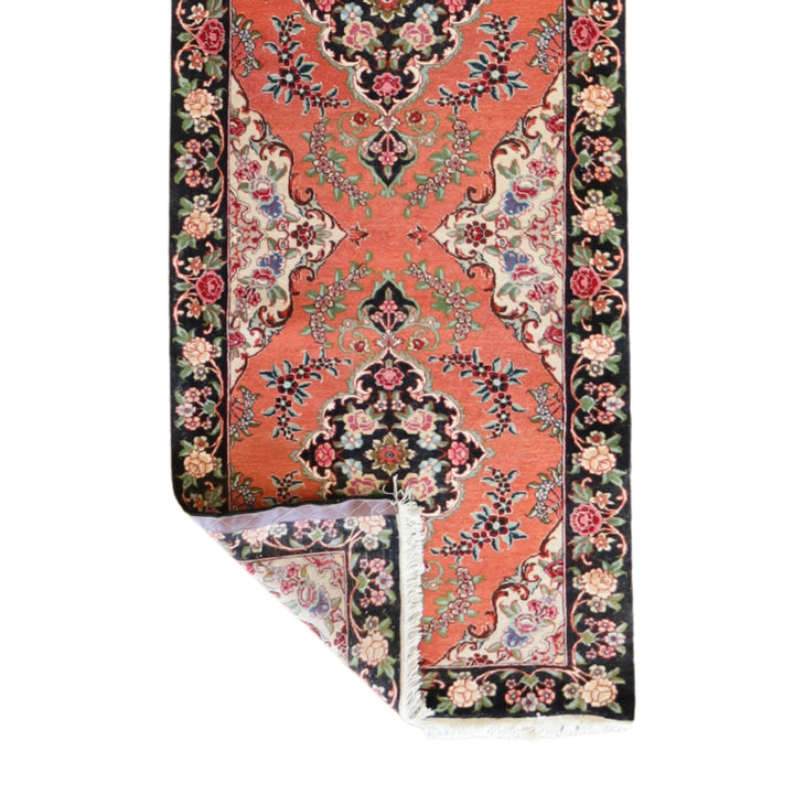 2' 11" x 12' 8" SALMON AND BLACK TABRIZ FLORAL PERSIAN RUG