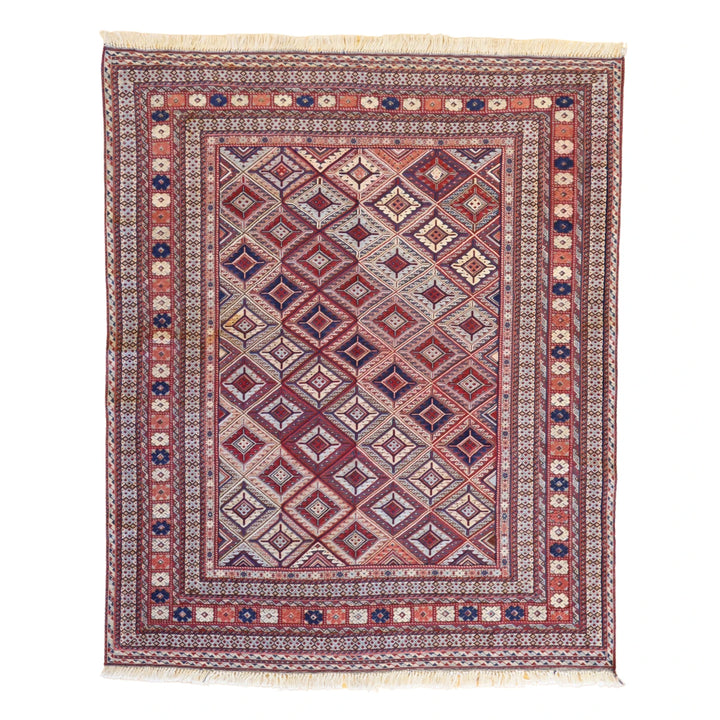 4'11" x 5'11" RED AND BLUE BALUCH GEOMETRIC AFGHANI RUG