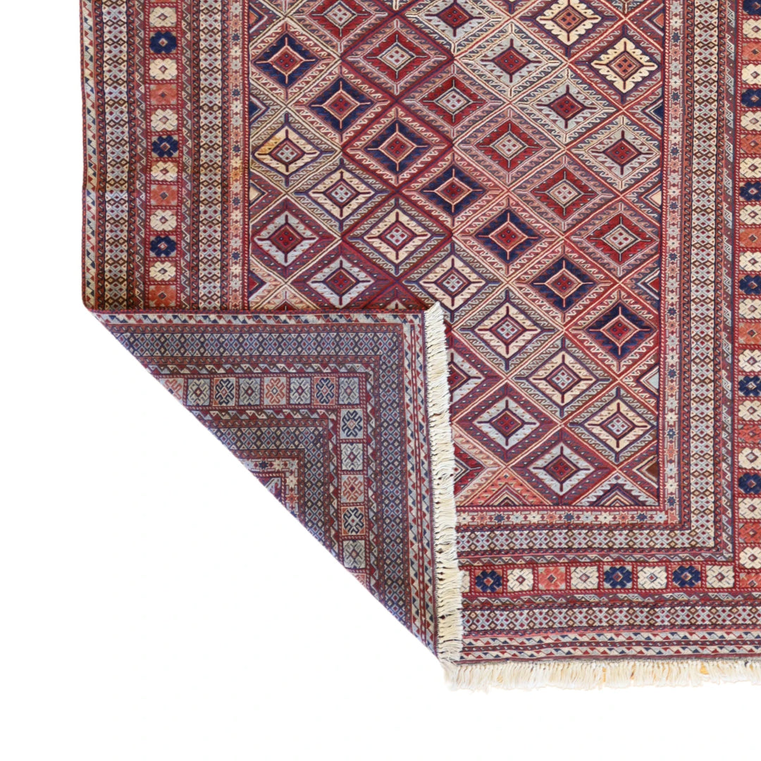 4'11" x 5'11" RED AND BLUE BALUCH GEOMETRIC AFGHANI RUG