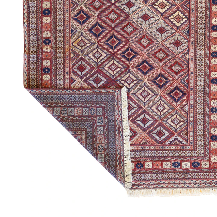4'11" x 5'11" RED AND BLUE BALUCH GEOMETRIC AFGHANI RUG