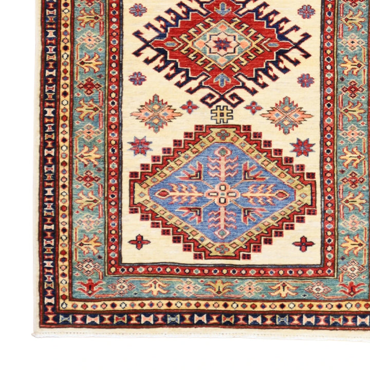2'10" x 4'5" BEIGE AND GREEN KAZAK GEOMETRIC PAKISTANI RUG