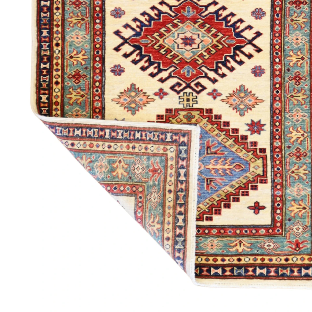 2'10" x 4'5" BEIGE AND GREEN KAZAK GEOMETRIC PAKISTANI RUG