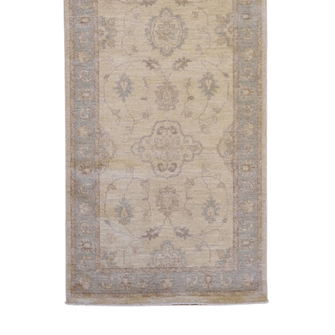 2'9" x 10'1" GOLD AND BLUE PESHAWAR GEOMETRIC PAKISTANI RUG