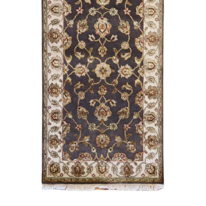 2'6" x 10'2" GRAY AND IVORY JAIPUR FLORAL INDIAN RUG