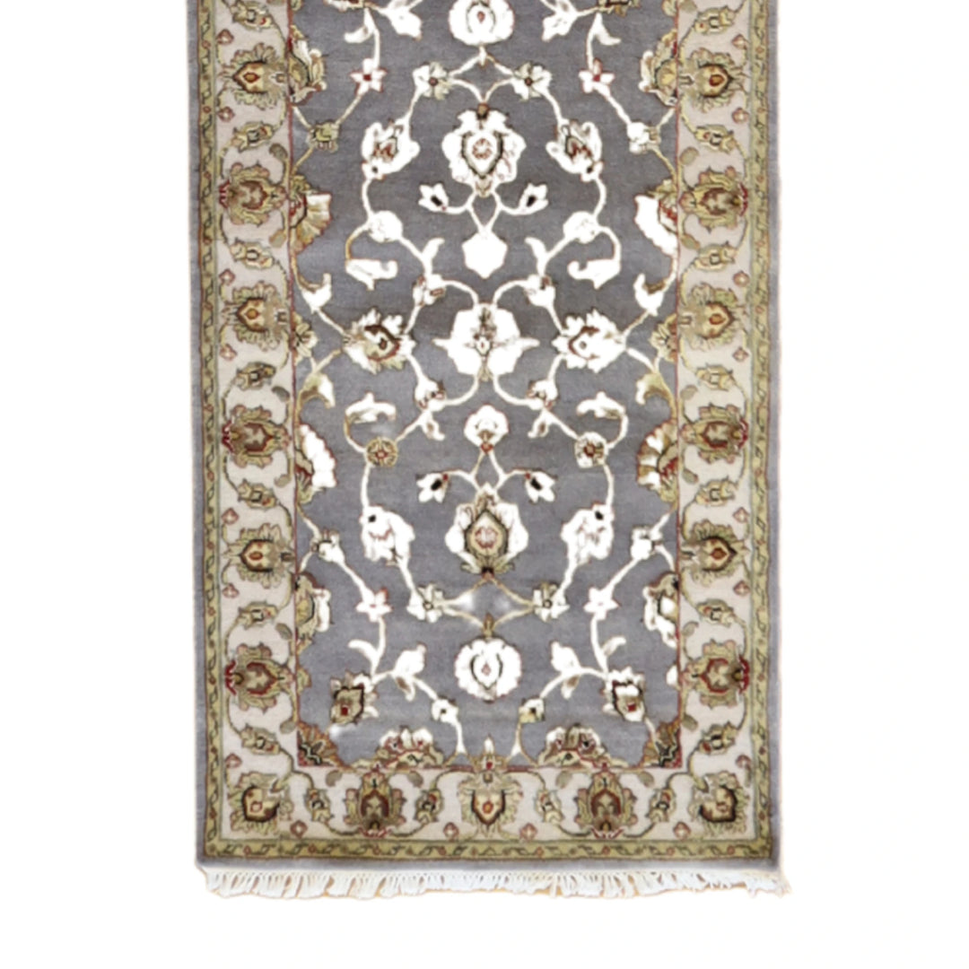2'6" x 10'3" GRAY AND IVORY JAIPUR FLORAL INDIAN RUG
