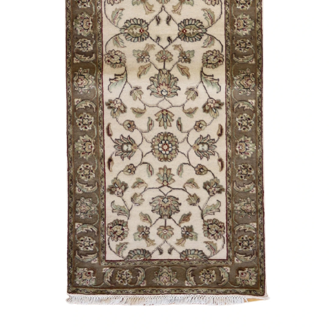 2'6" x 10'7" BEIGE AND CAMEL JAIPUR FLORAL INDIAN RUG