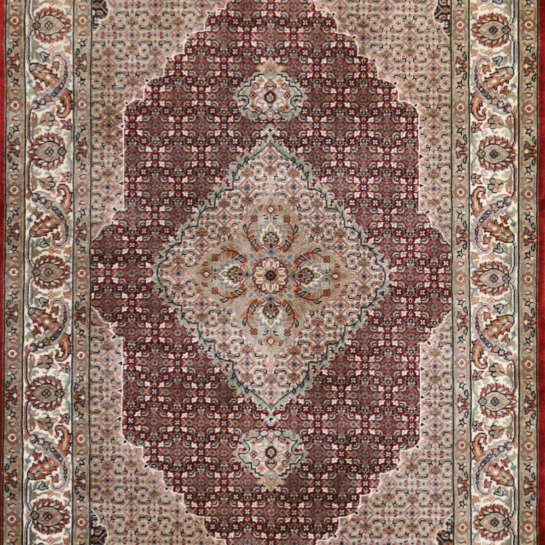 4'0" x 6'4" RED AND IVORY TABRIZ FISH DESIGN INDIAN RUG