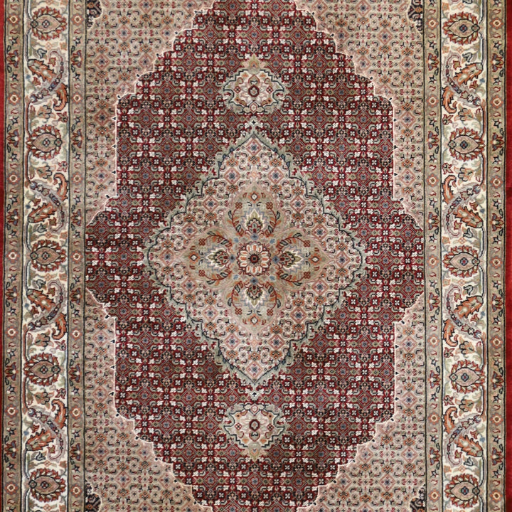 4'0" x 6'4" RED AND IVORY TABRIZ FISH DESIGN INDIAN RUG