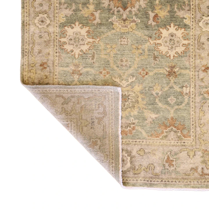 4'0" x 5'9" GREEN AND TAUPE OUSHAK GEOMETRIC INDIAN RUG