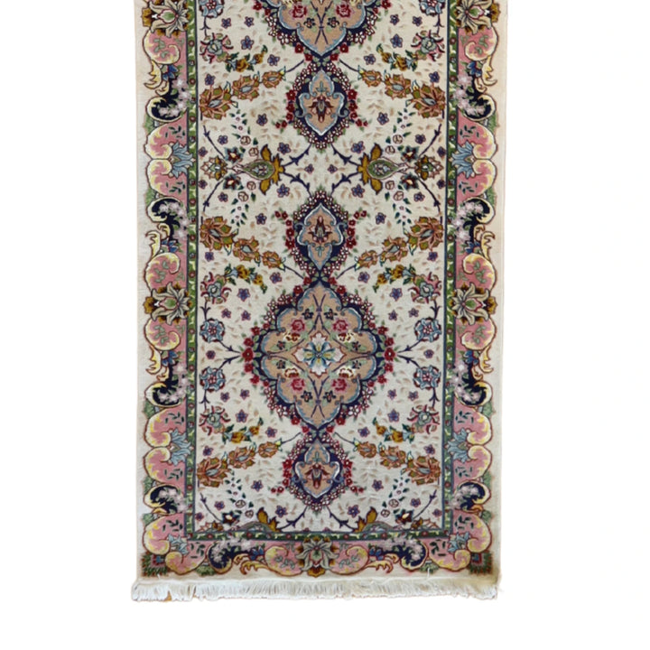 3' 0" x 13' 0" BEIGE AND PINK TABRIZ FLORAL PERSIAN RUG