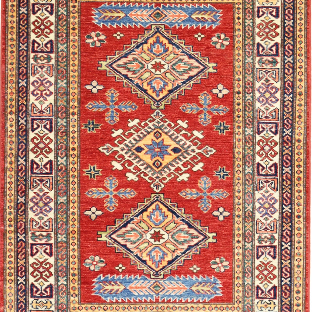 3'3" x 4'7" RED AND IVORY KAZAK GEOMETRIC PAKISTANI RUG