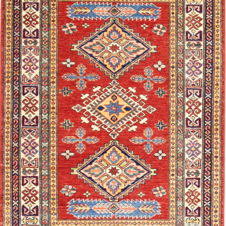 3'3" x 4'7" RED AND IVORY KAZAK GEOMETRIC PAKISTANI RUG