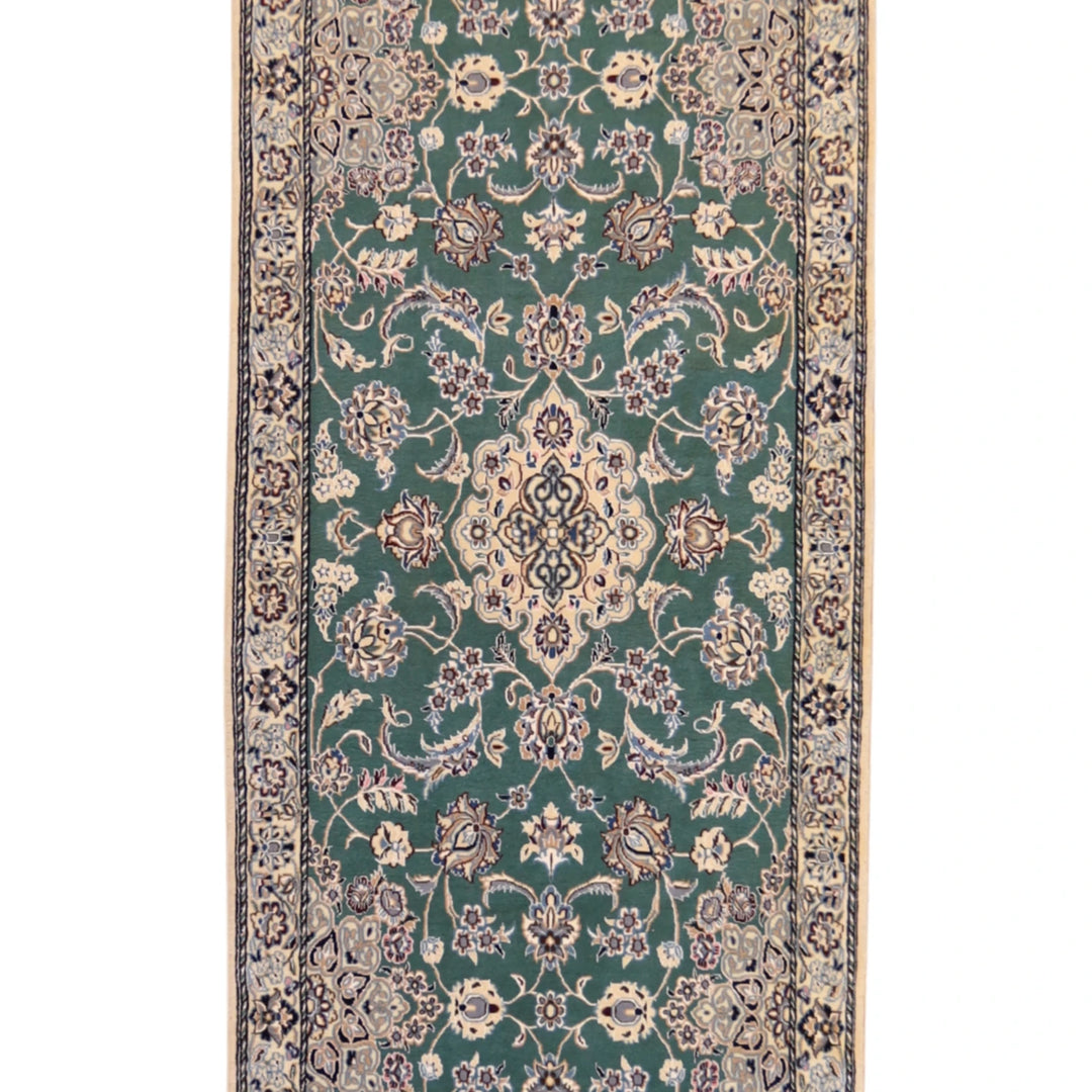 3' 3" x 14' 7" GREEN AND BEIGE NAEIN FLORAL PERSIAN RUG