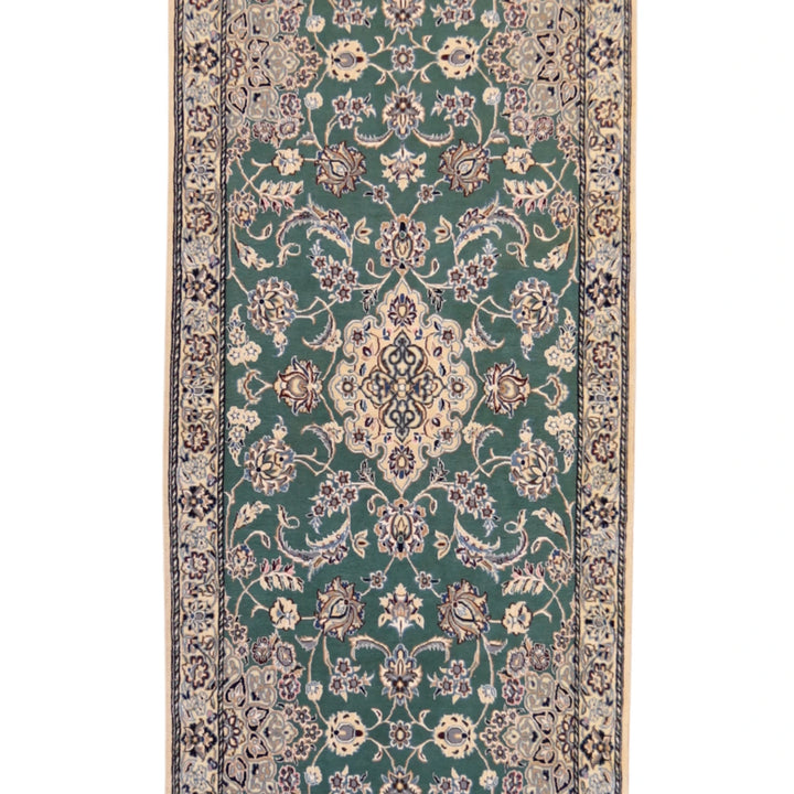 3' 3" x 14' 7" GREEN AND BEIGE NAEIN FLORAL PERSIAN RUG