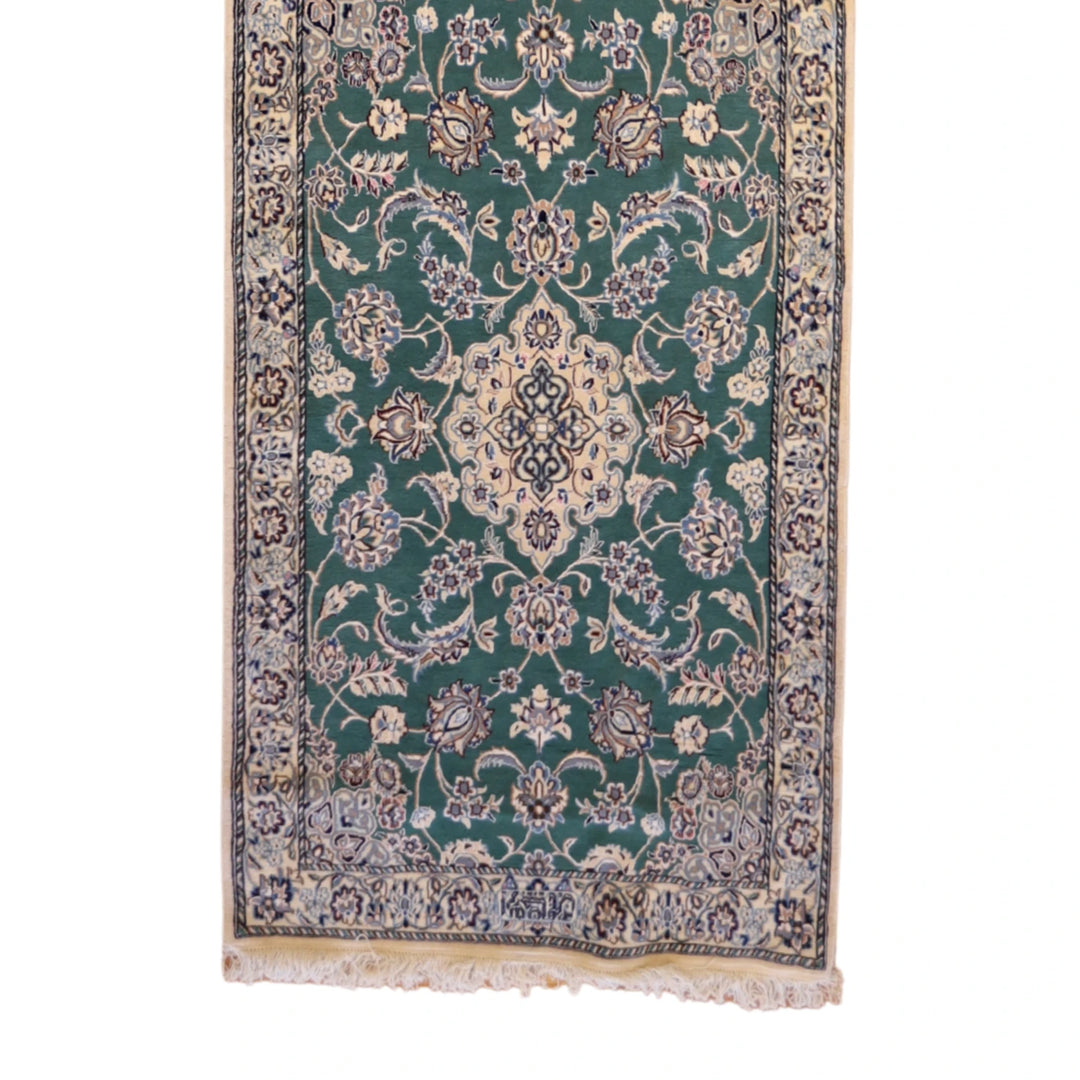 3' 3" x 14' 7" GREEN AND BEIGE NAEIN FLORAL PERSIAN RUG