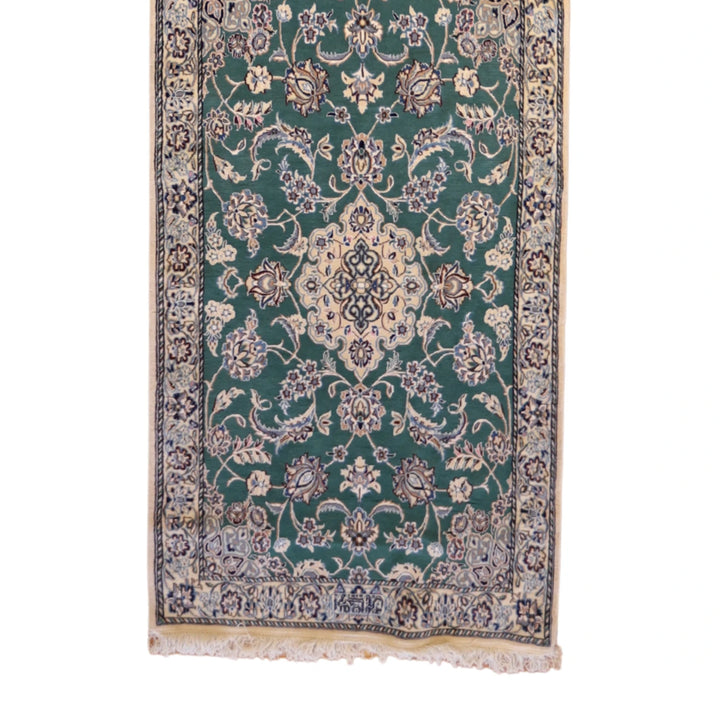 3' 3" x 14' 7" GREEN AND BEIGE NAEIN FLORAL PERSIAN RUG