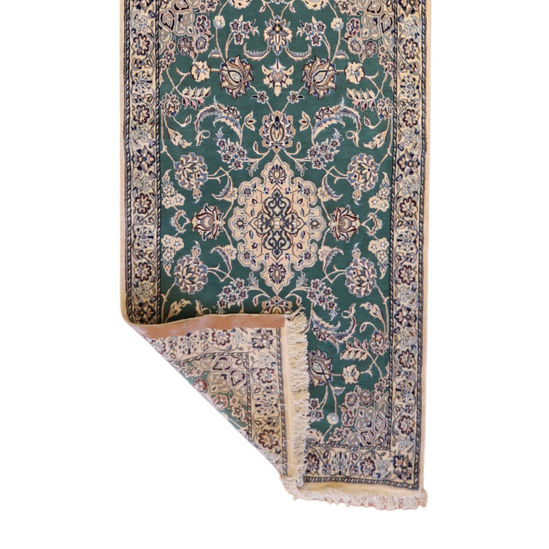 3' 3" x 14' 7" GREEN AND BEIGE NAEIN FLORAL PERSIAN RUG