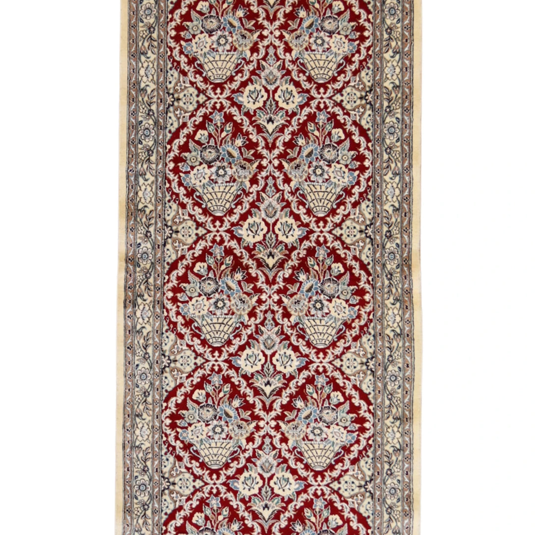 3' 2" x 13' 3" RED AND IVORY NAEIN FLORAL PERSIAN RUG