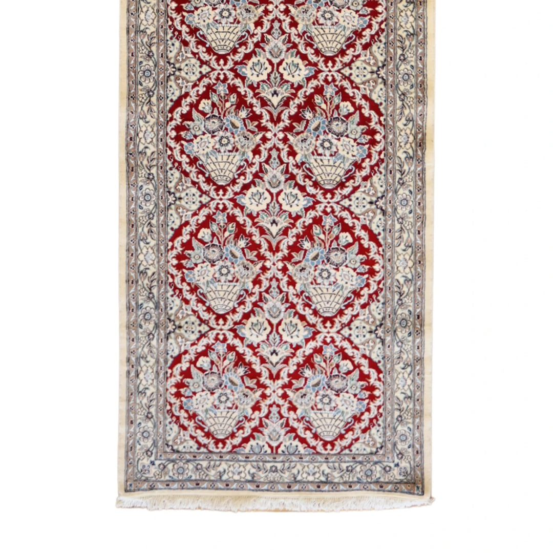3' 2" x 13' 3" RED AND IVORY NAEIN FLORAL PERSIAN RUG