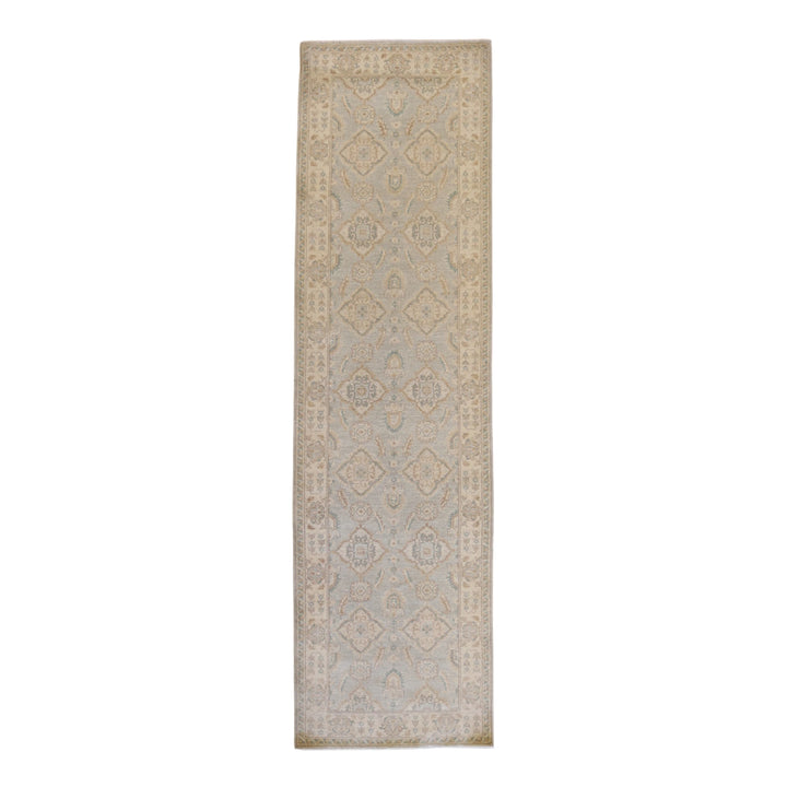 2'8" x 9'8" AQUA AND BEIGE PESHAWAR GEOMETRIC PAKISTANI RUG