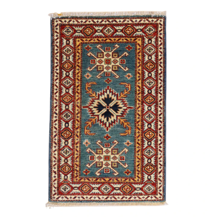 2'0" x 3'0" GREEN AND RED KAZAK GEOMETRIC PAKISTANI RUG