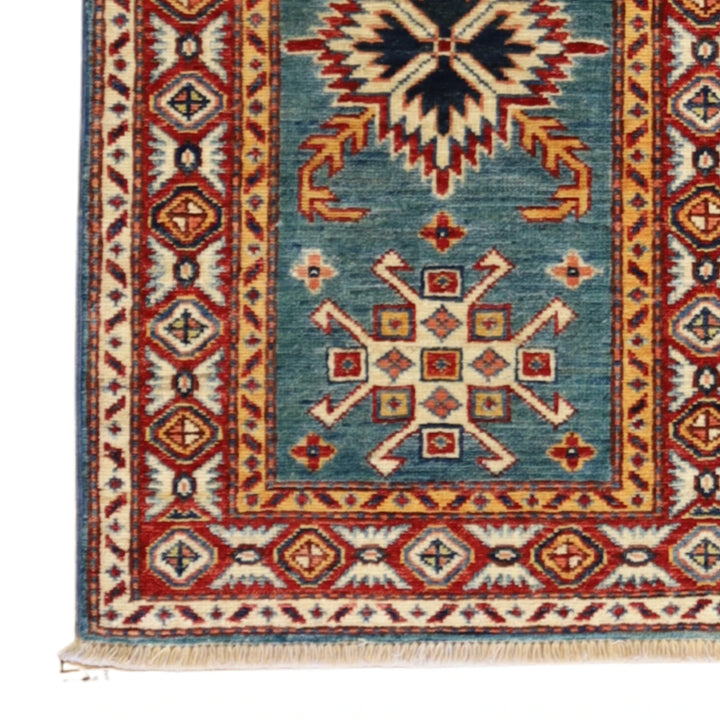 2'0" x 3'0" GREEN AND RED KAZAK GEOMETRIC PAKISTANI RUG