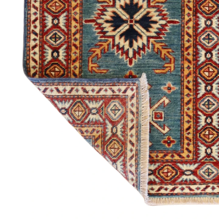 2'0" x 3'0" GREEN AND RED KAZAK GEOMETRIC PAKISTANI RUG