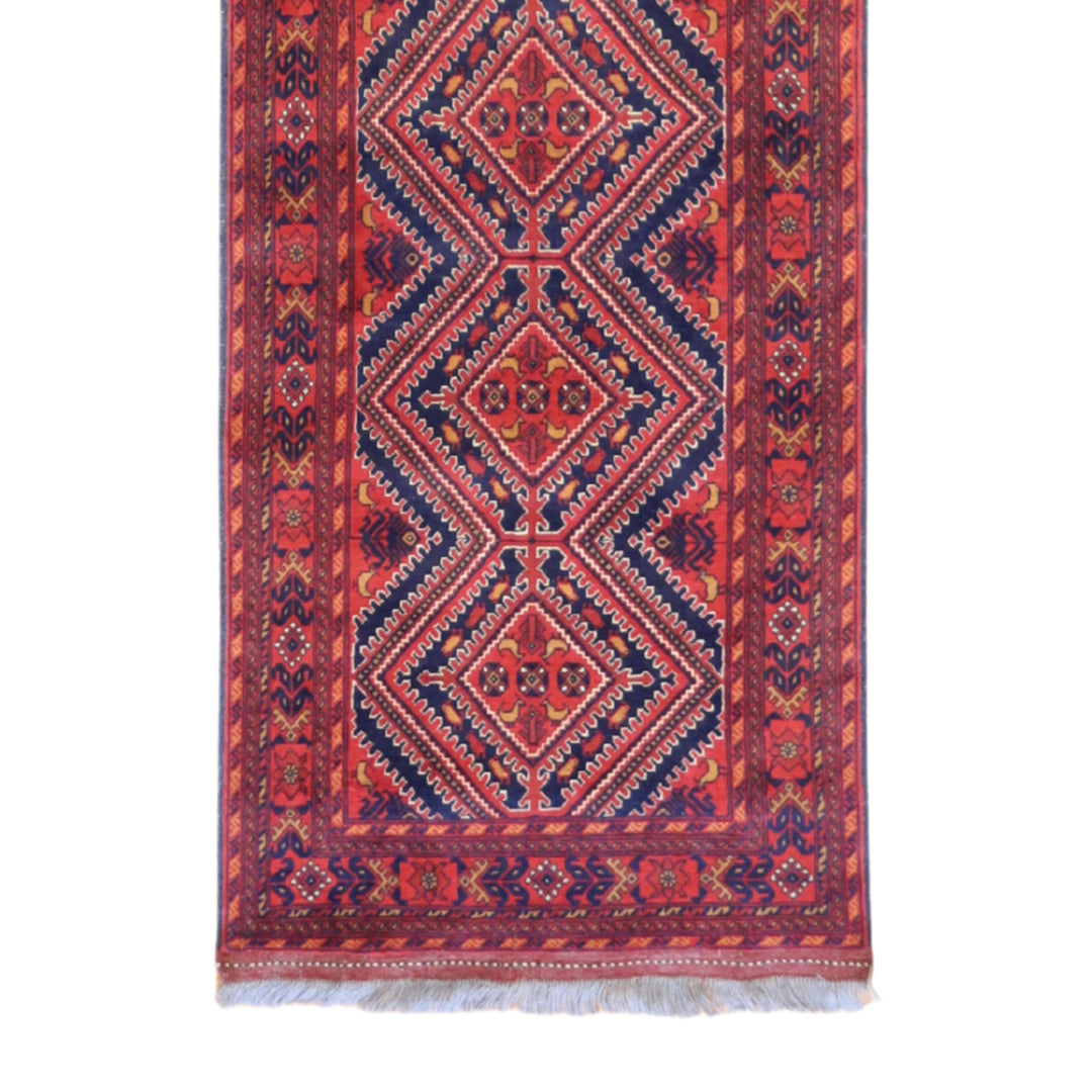 2'7" x 13'0" BURGUNDY AND BURGUNDY BALUCH GEOMETRIC PERSIAN RUG