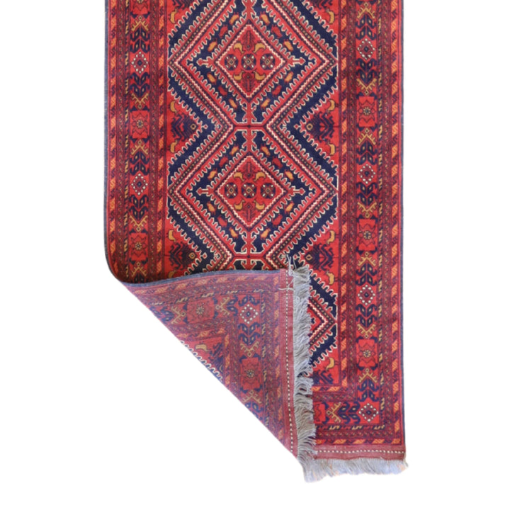 2'7" x 13'0" BURGUNDY AND BURGUNDY BALUCH GEOMETRIC PERSIAN RUG