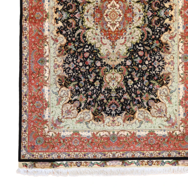 6'6" x 9'10" BLACK AND ROSE TABRIZ FLORAL PERSIAN RUG