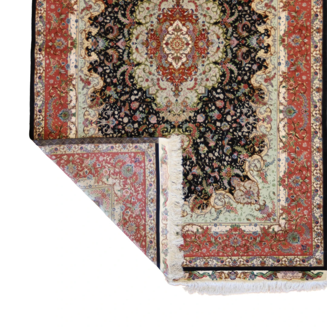 6'6" x 9'10" BLACK AND ROSE TABRIZ FLORAL PERSIAN RUG