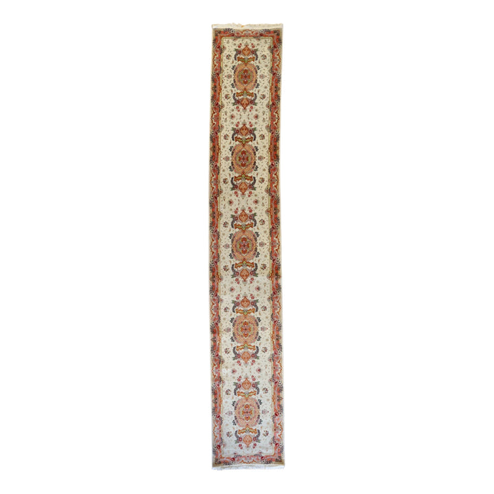 2' 6" x 17' 0" IVORY AND PINK TABRIZ FLORAL PERSIAN RUG
