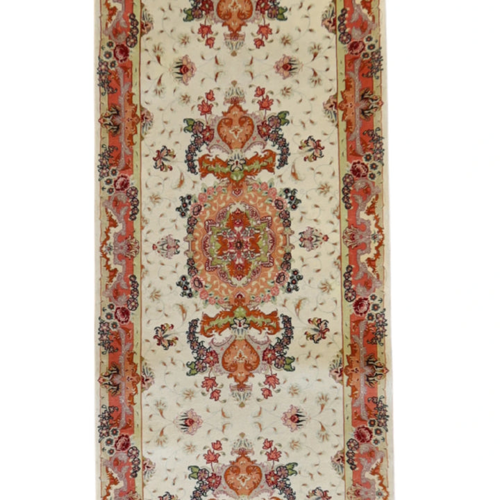 2' 6" x 17' 0" IVORY AND PINK TABRIZ FLORAL PERSIAN RUG