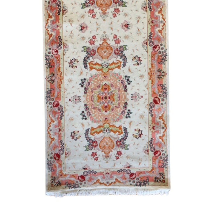 2' 6" x 17' 0" IVORY AND PINK TABRIZ FLORAL PERSIAN RUG
