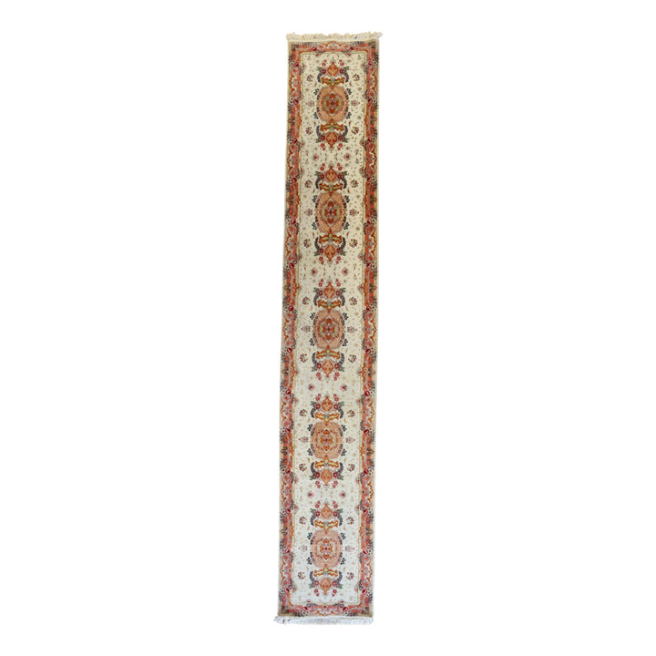 2' 6" x 17' 0" IVORY AND PINK TABRIZ FLORAL PERSIAN RUG