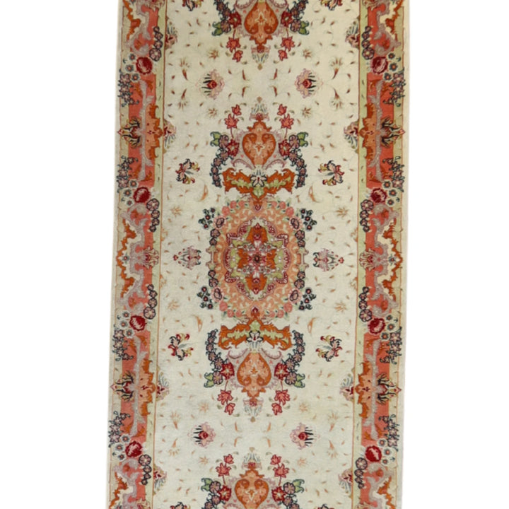 2' 6" x 17' 0" IVORY AND PINK TABRIZ FLORAL PERSIAN RUG