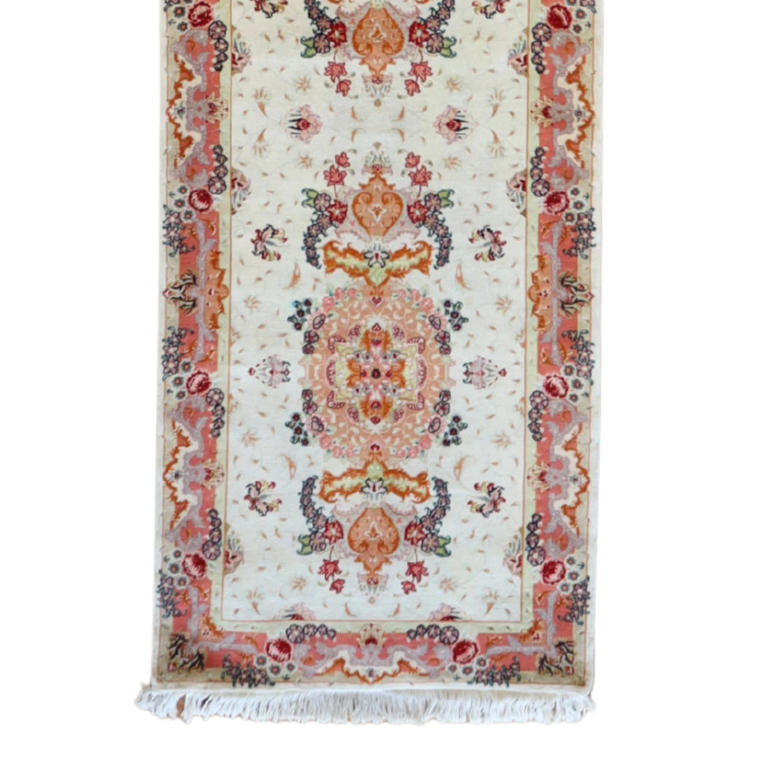 2' 6" x 17' 0" IVORY AND PINK TABRIZ FLORAL PERSIAN RUG