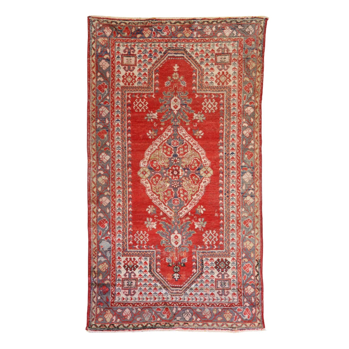 4'2" x 7'5" RED AND GRAY  GEOMETRIC TURKISH RUG