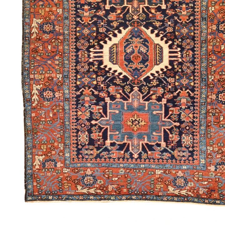 5'0" x 6'4" NAVY AND RED KARAJEH GEOMETRIC PERSIAN RUG